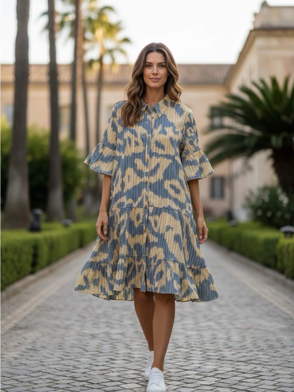 Diane Von Furstenberg Blue & Cream Printed Button-Front Midi Dress